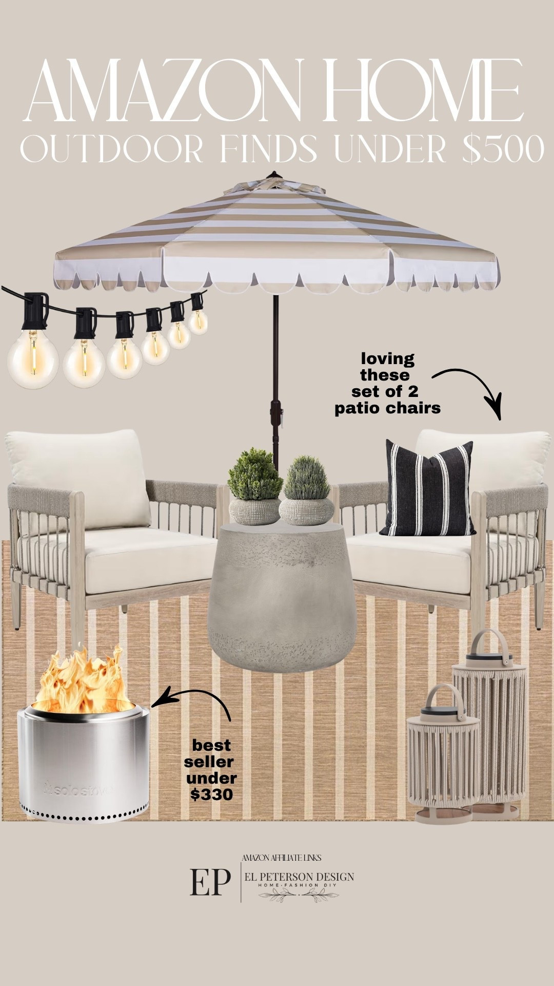 Amazon Outdoor
Outdoor umbrella
Set of 2 patio chairs
Outdoor
Rug
Fire pit
String lights
Pillow
Potted plants
Outdoor accent table 

#LTKHome