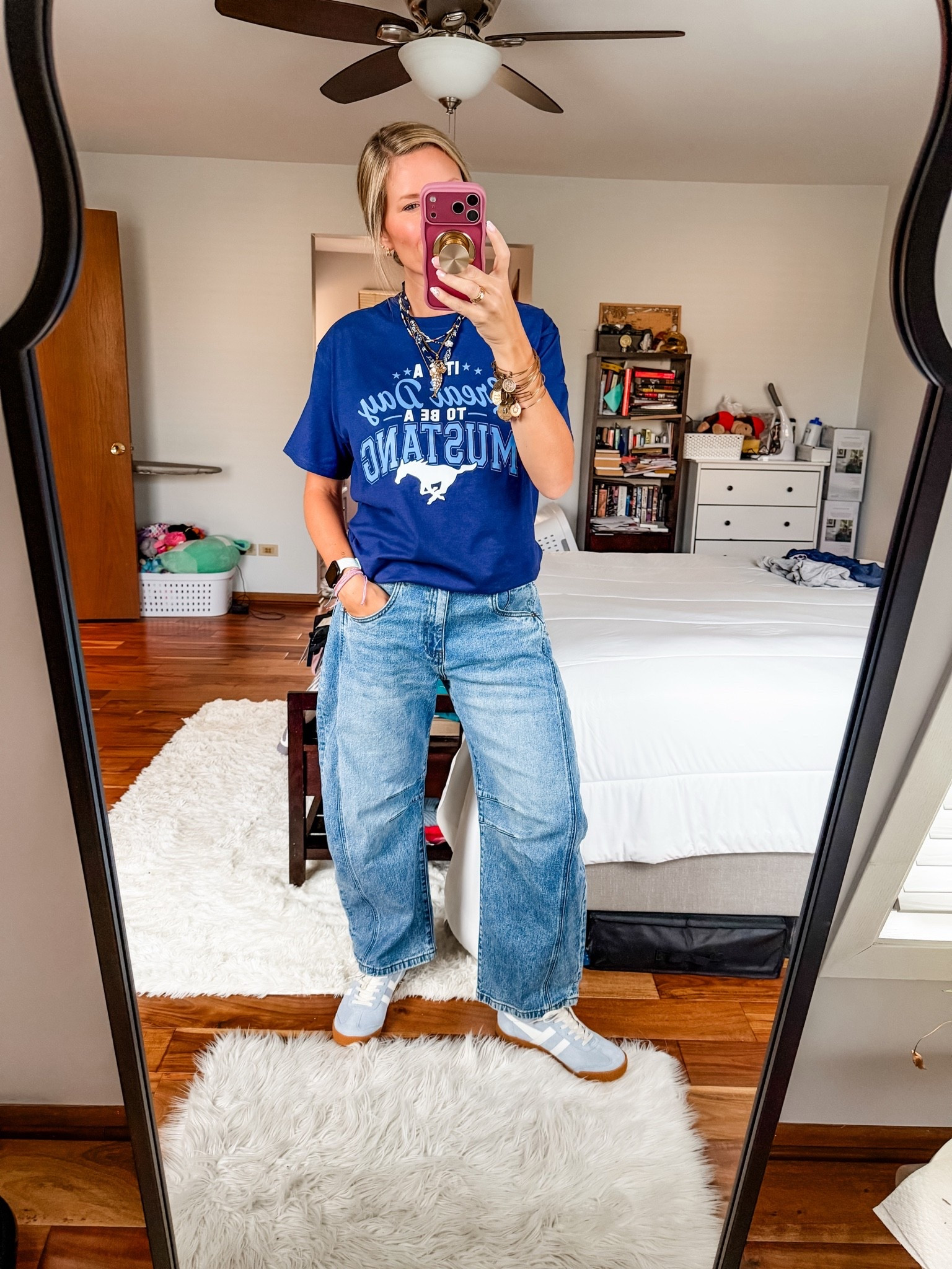 School spirit wear on the top but finally had a chance to wear these new barrel jeans and the Gola sneakers my husband bought me out of the blue!

Make sure you size down on the jeans!!!

#LTKootd #LTKMidsize #LTKOver40