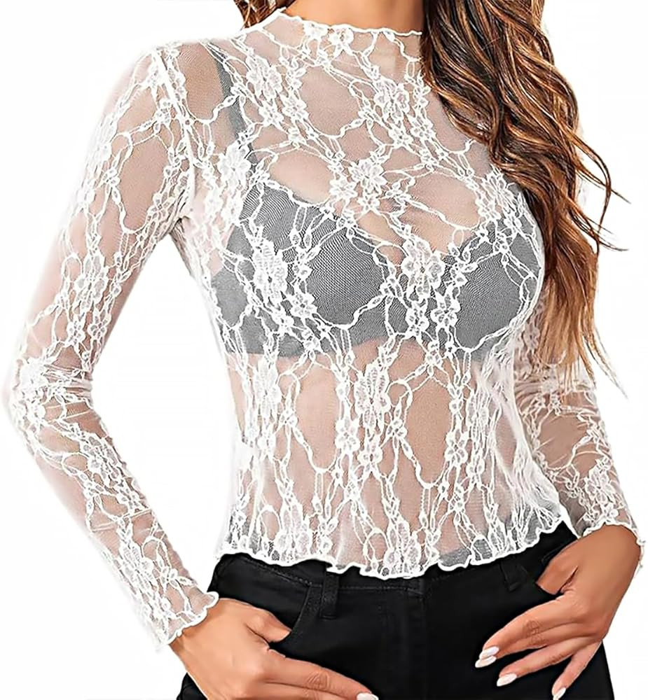 Transparentes Damenoberteil, sexy, aus Spitze, Langarm, Top, Netz, Bluse, durchsichtig, T-Shirts,... | Amazon (DE)