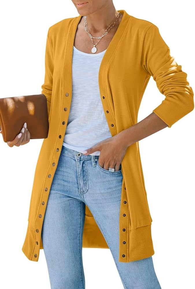 MEROKEETY Women's 2024 Fall Long Sleeve Snap Button Down Solid Color Knit Ribbed Neckline Cardiga... | Amazon (US)