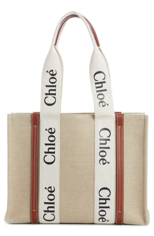 Chloé Medium Woody Linen Tote in White - Brown 1 at Nordstrom | Nordstrom