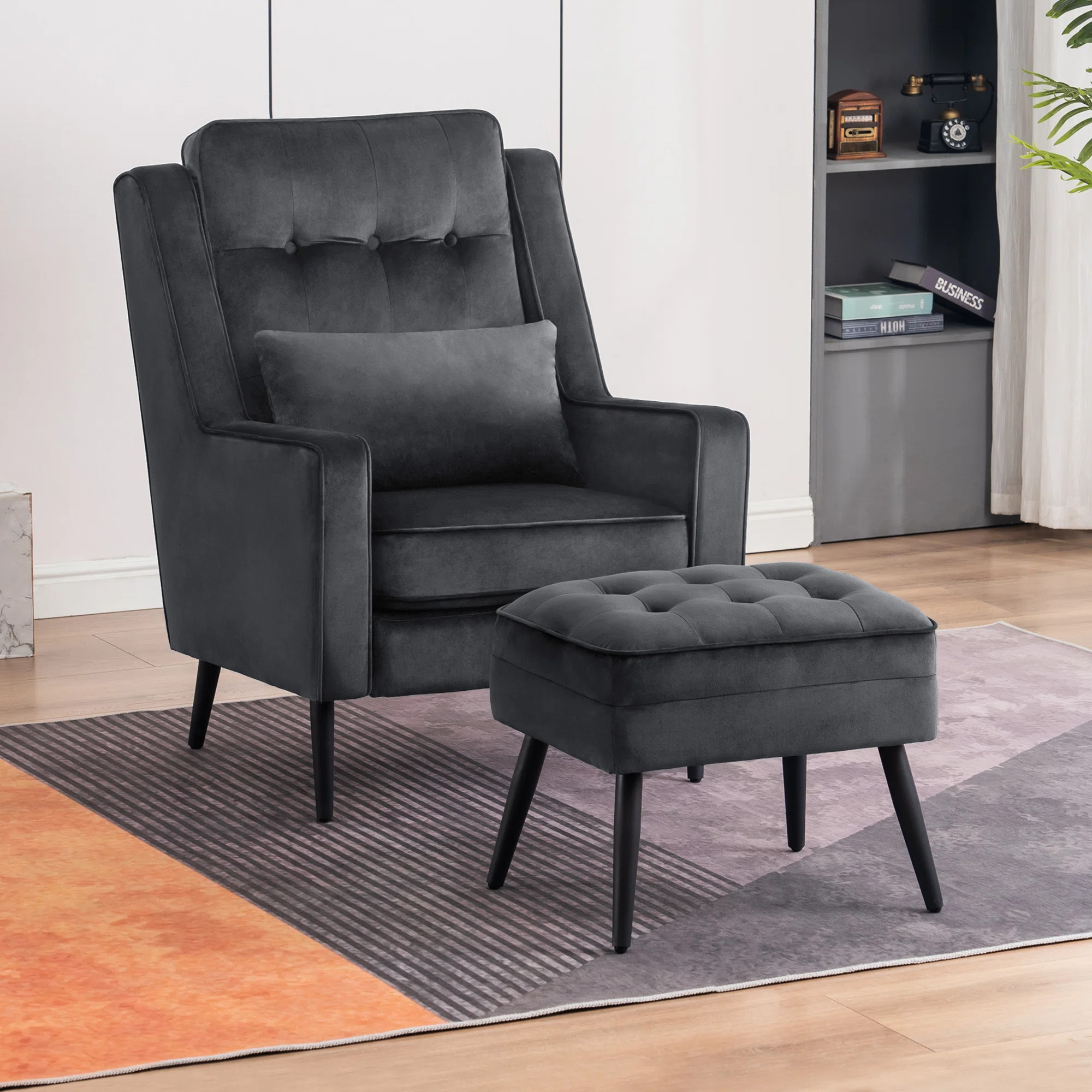 Modern Accent Club Chair with Ottoman, Velvet Upholstered with Black Metal Legs, Armchair with Lu... | Wayfair North America