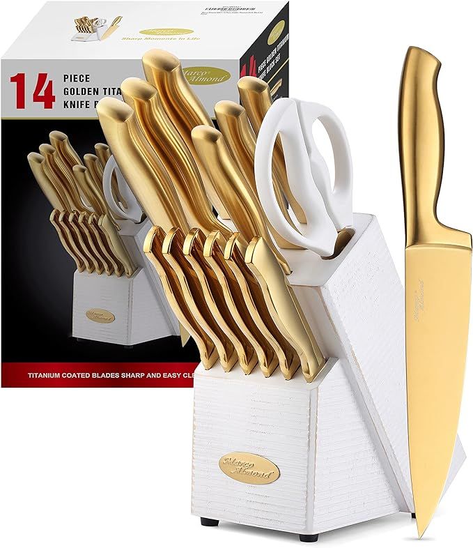 Marco Almond MA21 Golden Knife Sets, Titanium Coated 14 Pieces Stainless Steel Hollow Handle Gold... | Amazon (US)
