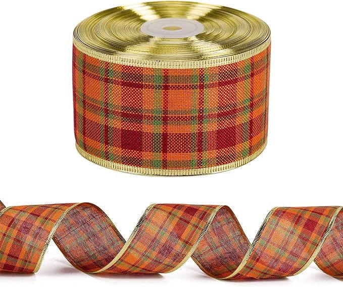 LaRibbons Orange Plaid Wired Ribbon for Autumn Holidays, Fall Decorations, 2-1/2 inches by 25 Yar... | Amazon (US)