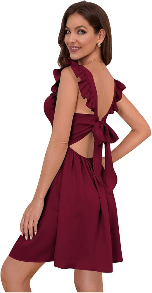 OYOANGLE Women's Tie Back Square Neck Ruffle Strap Sleeveless A Line Flare Flowy Summer Short Dre... | Amazon (US)