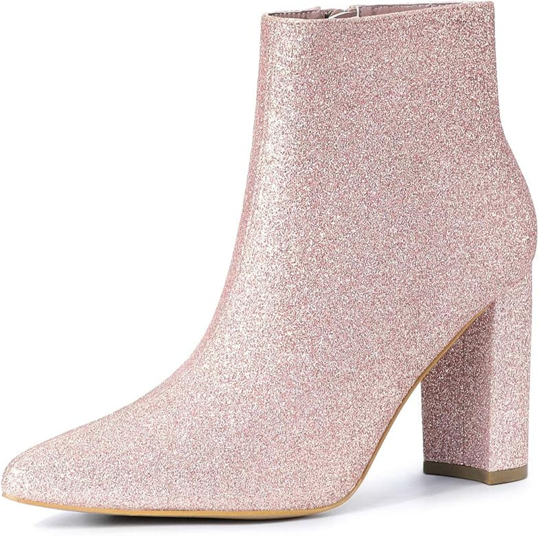 Allegra K Women's Glitter Pointed Toe Chunky Heel Ankle Boots | Amazon (US)