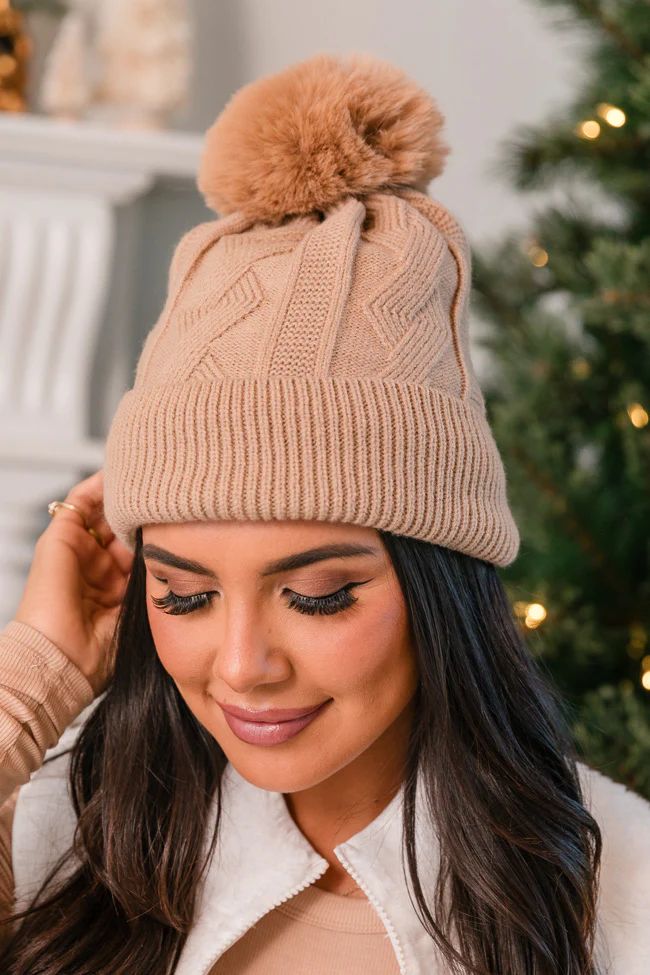 Tan Cable Knit Sherpa Lined Beanie | Pink Lily