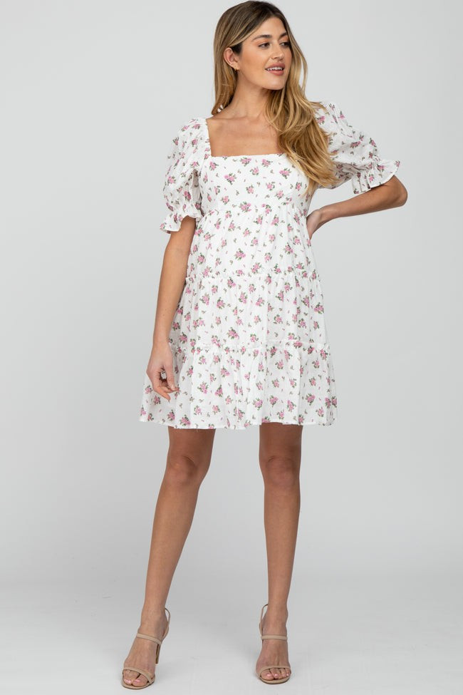 Pink Floral Puff Sleeve Maternity Mini Dress | PinkBlush Maternity