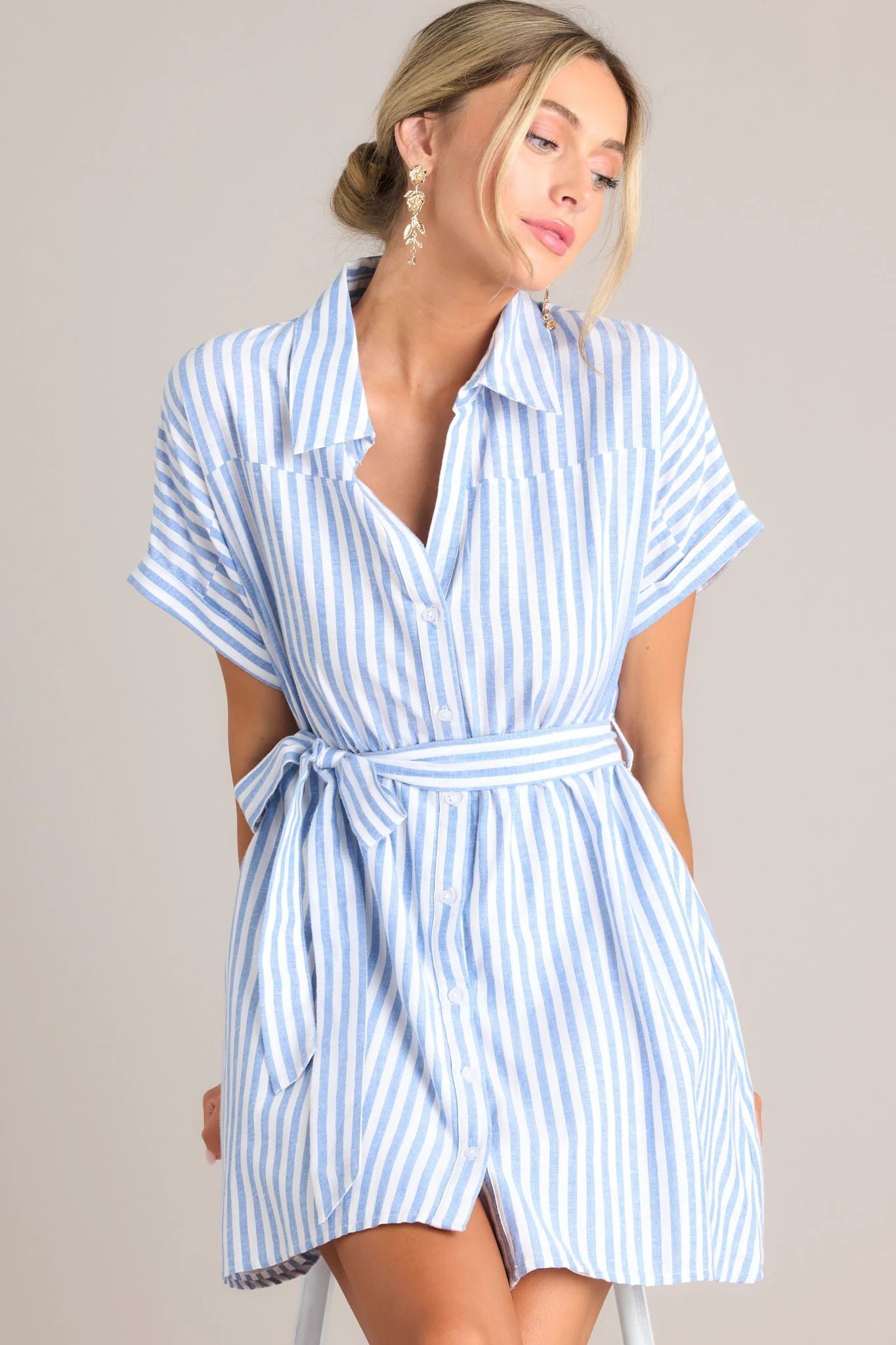 Simple Moments Blue & White Stripe Button Front Mini Dress | Red Dress