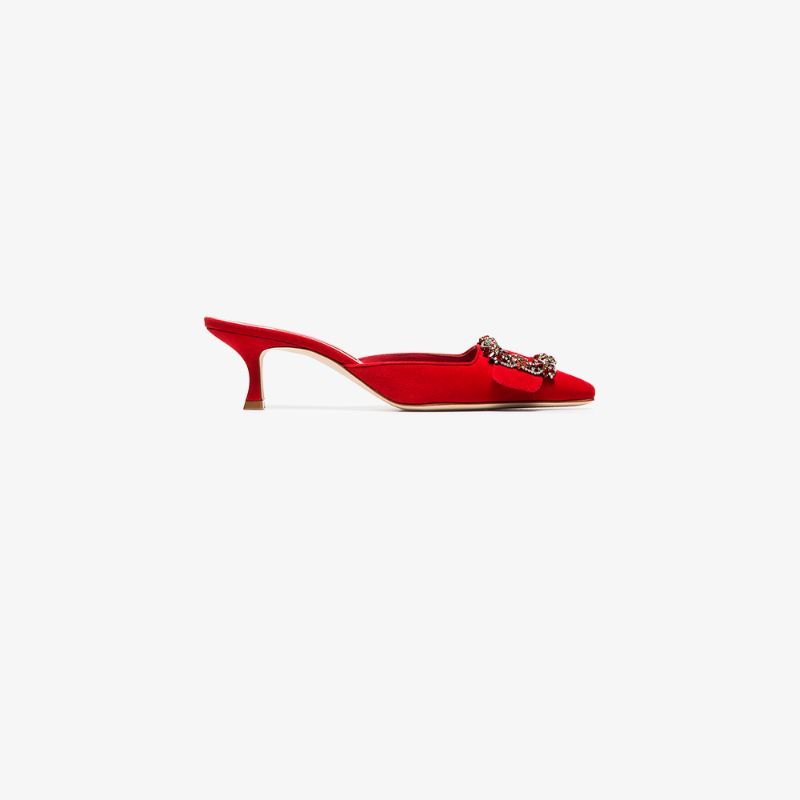 Manolo Blahnik red Maysale 50 crystal buckle suede mules | Browns Fashion