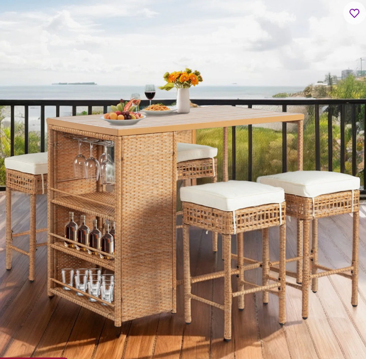 Patio 5-Piece Yellow Wicker Serving Bar Set With Beige Cushions