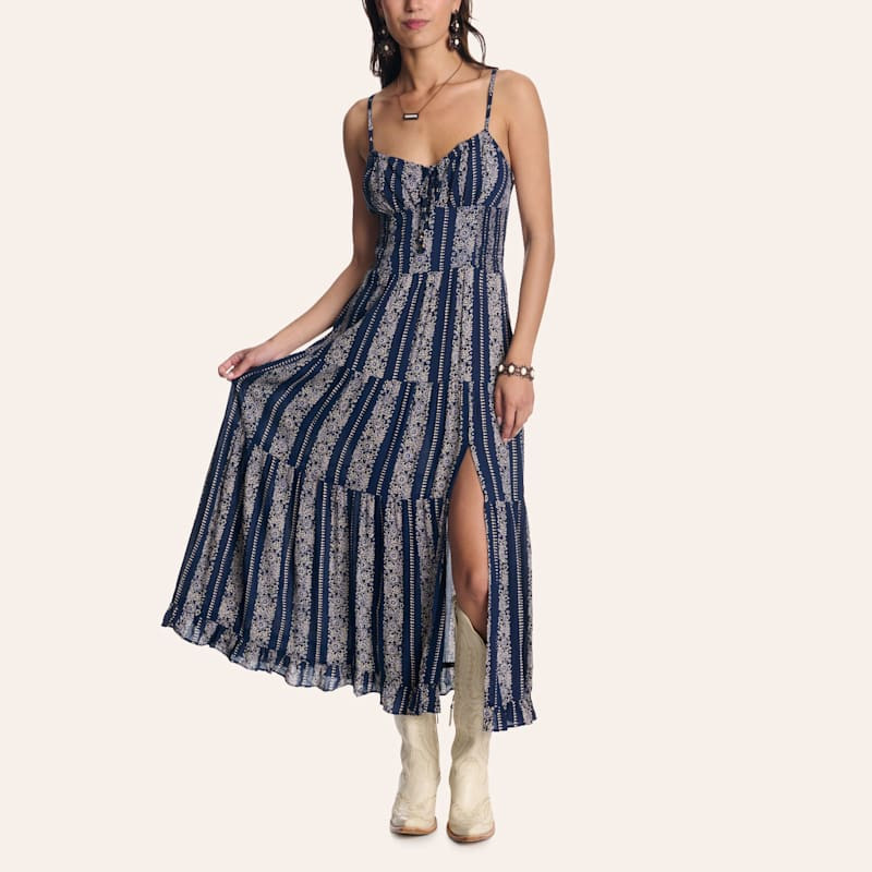 Angie Women's Navy Floral Stripe Print Tiered Maxi Dress | Cavender's