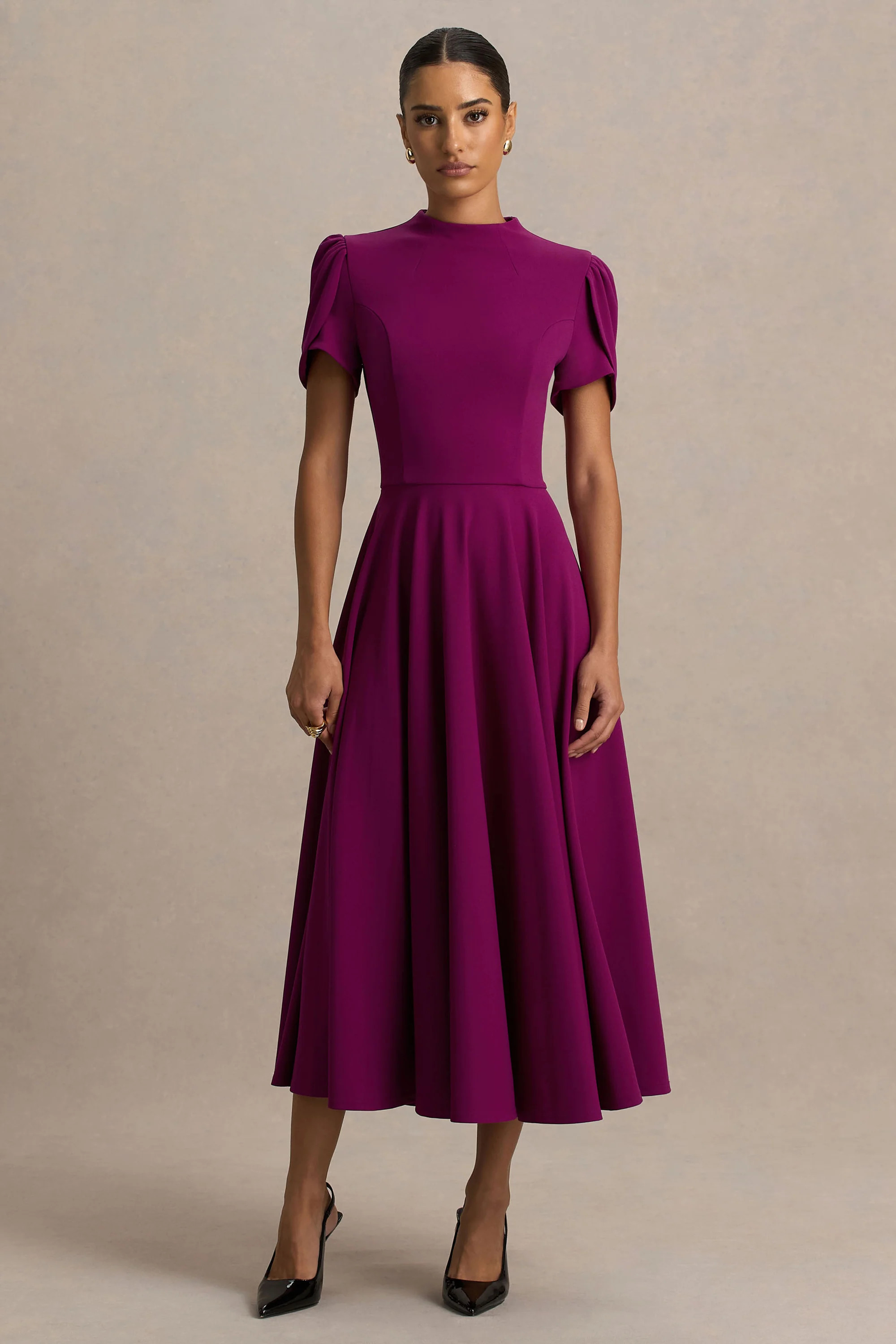 Vicky | Mulberry High Neck Midi Dress With Puff Sleeves | Club L London