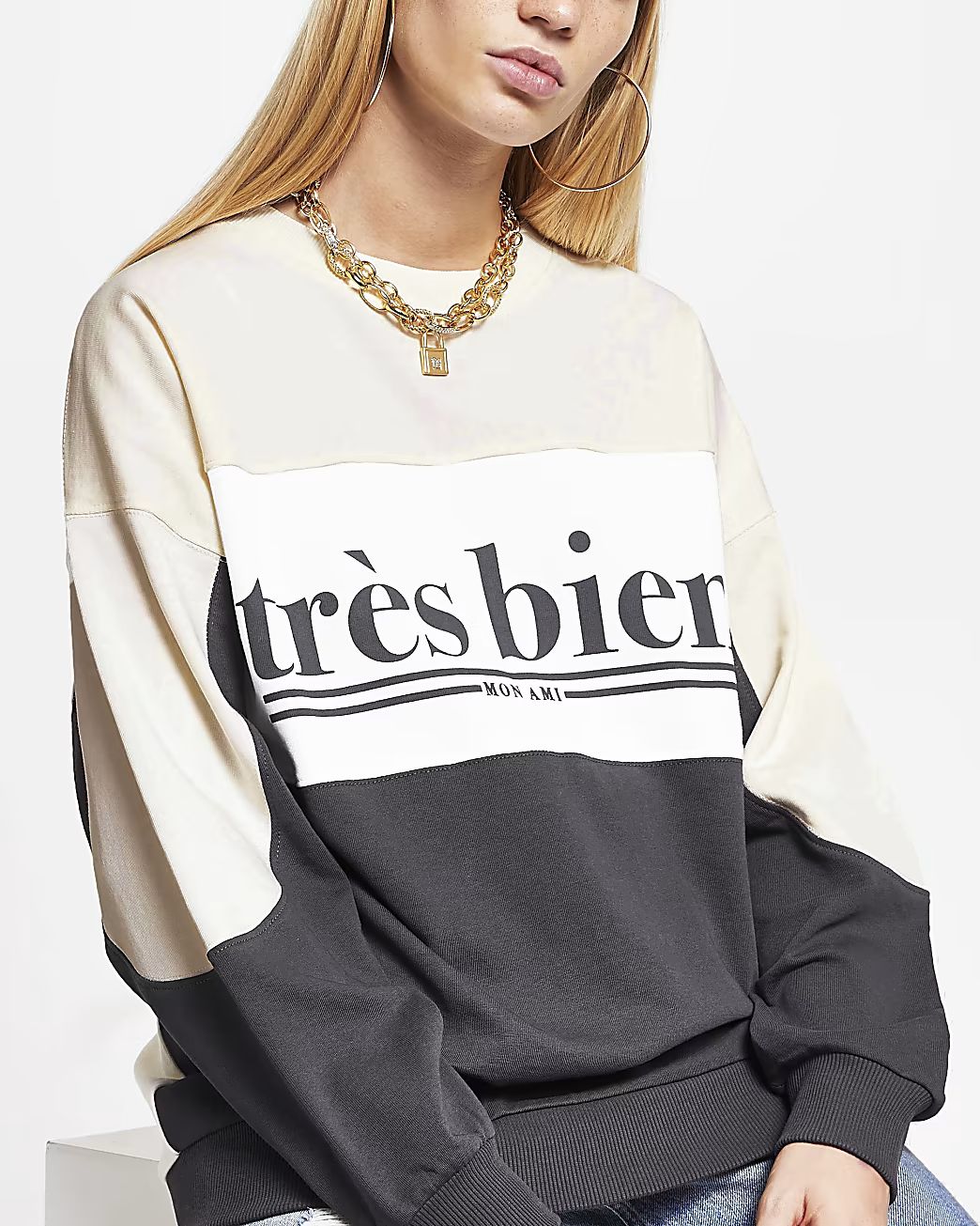 Cream 'Tres Bien' colour block sweatshirt | River Island (UK & IE)