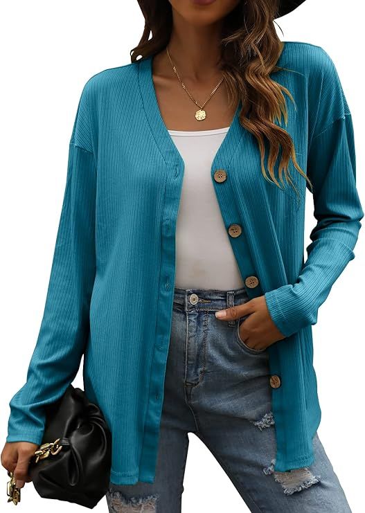 Women's Long Sleeve Button Down Cardigans V Neck Ribbed/Color Block Cardigan | Amazon (US)