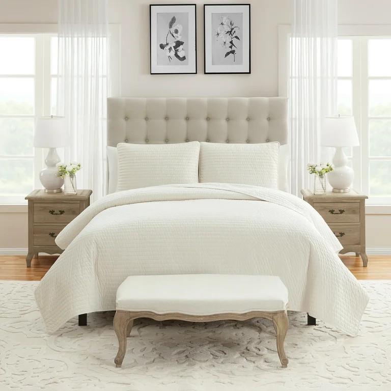 My Texas House Quinn Coconut Milk Pick Stitch Stripe Velvet 3-Piece Quilt Set, Full/Queen | Walmart (US)