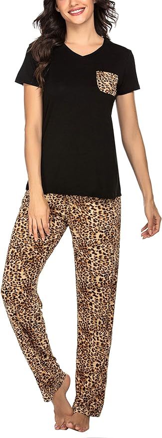 Hotouch Womens Pajamas Pants Sets V-Neck Short Sleeve Sleepwear Soft Pj Sets | Amazon (US)