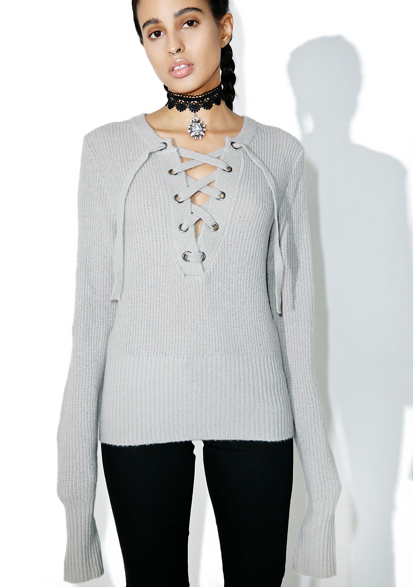 Gray Lace Up Knit Sweater | Dolls Kill