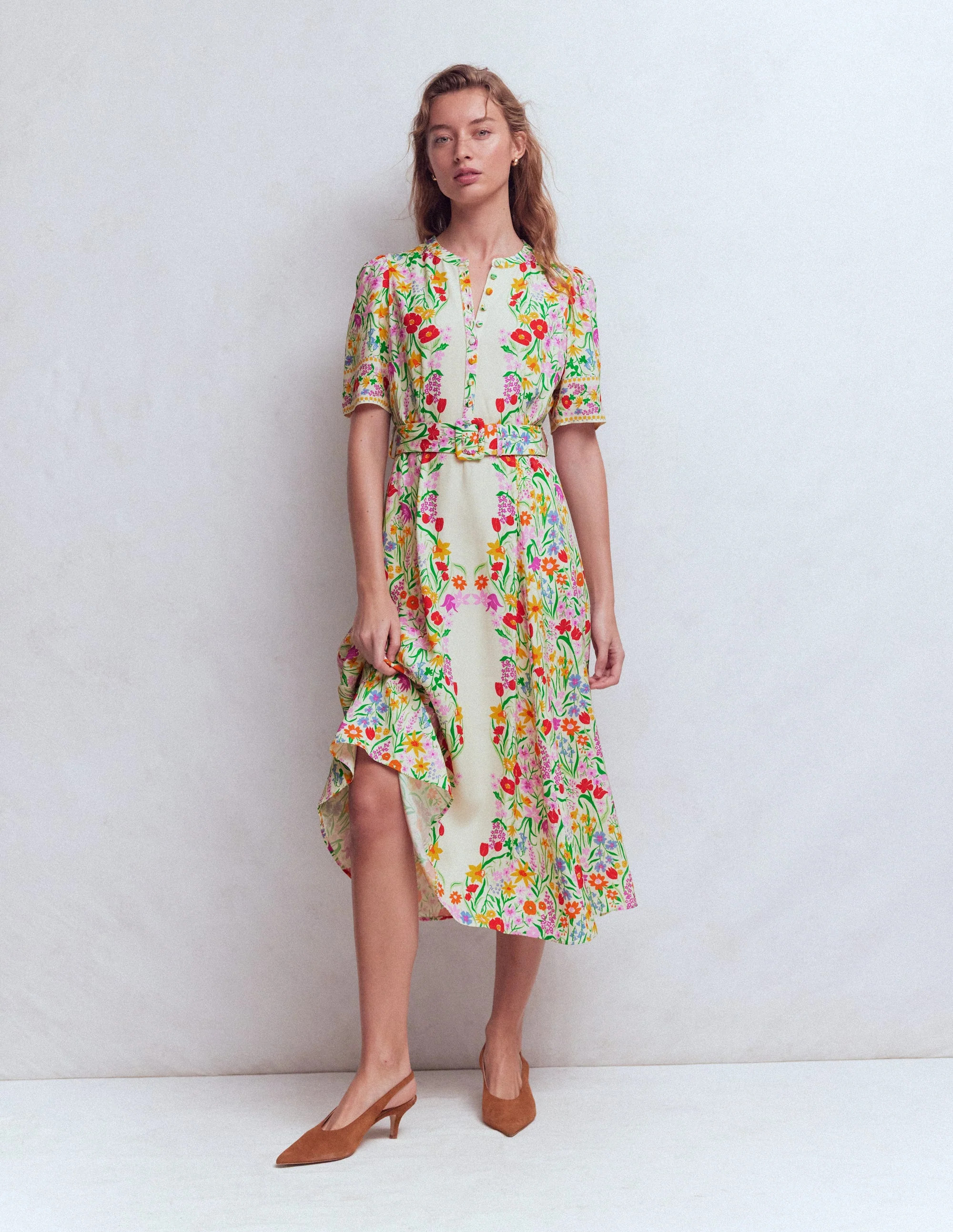 Kate Puff Sleeve Belted Dress-Ivory Garden Placement | Boden (US)