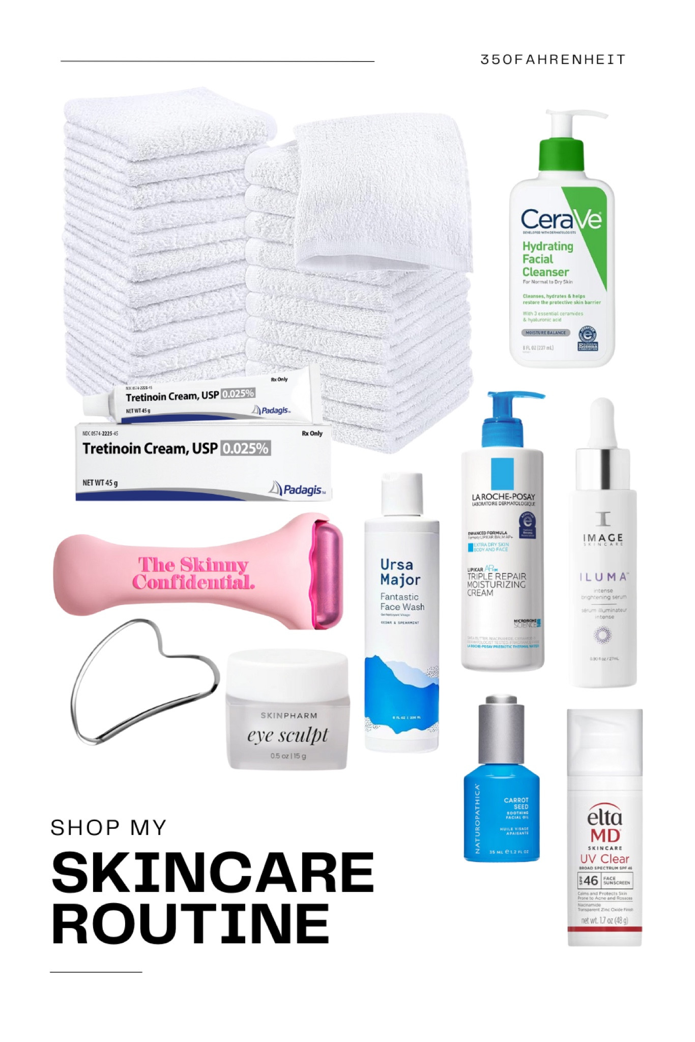 Everything I use in my daily skincare routine!

Morning: 
Ice roll
Cleanse (Cereve cleanser)
Pat dry with clean washcloth 
Gua sha (w/ carrot seed face oil)
Eye sculpt
Moisturize (Laroche Posay)
Sunscreen (EltaMD)

Evening:
Cleanse (Ursa Major)
Pat dry with clean washcloth 
Serum (Image skincare)
Tretinoin
Moisturize (Laroche Posay)

 

#LTKWedding #LTKBeauty #LTKxMadewell