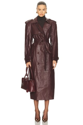 AEXAE x REVOLVE Leather Suede Trench Coat in Burgundy | FWRD 