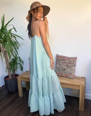 Weekday Junko tiered maxi dress in light green | ASOS (Global)