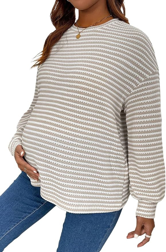 Women's Maternity Striped T Shirts Long Sleeve Crew Neck Drop Shoulder Fall Tops Maternity Clothe... | Amazon (US)