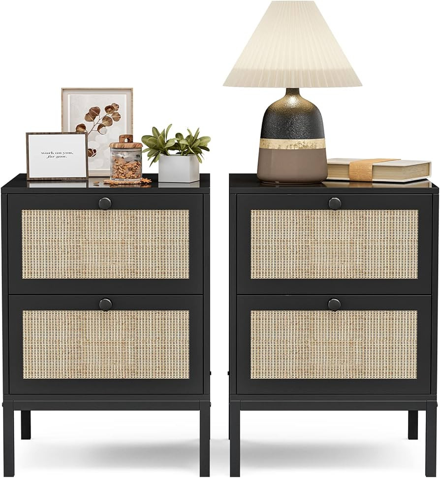 IKIFLY Rattan Nightstand Set of 2, End Side Table with 2 Handmade Natural Rattan Drawers, Accent ... | Amazon (US)