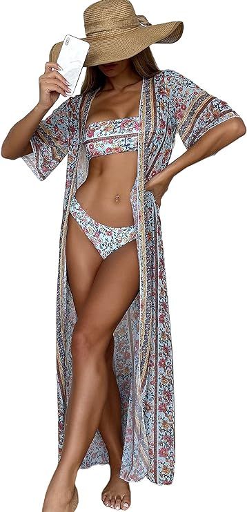 Floerns Women's 3 Piece Bathing Suit Floral Print Bikini Swimsuit with Kimono | Amazon (US)