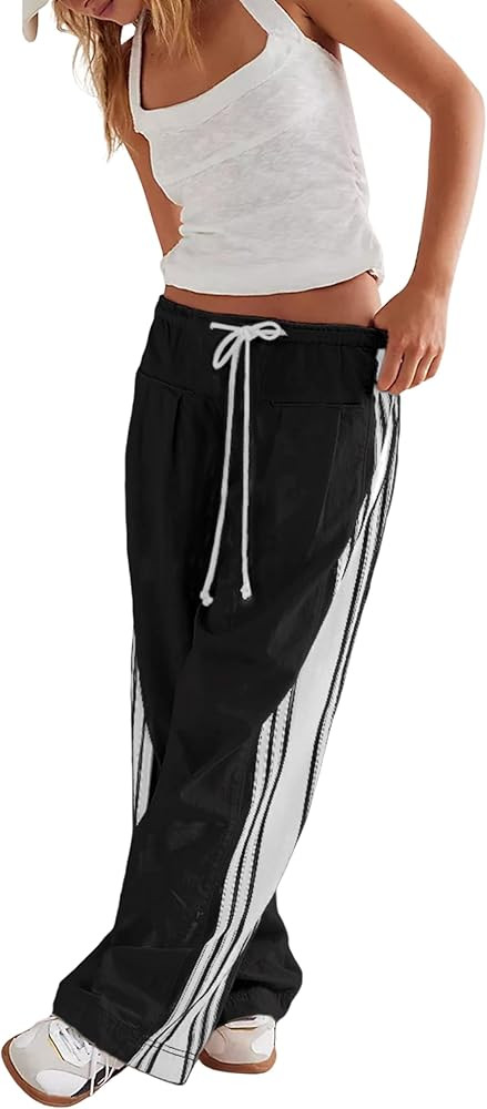 Hongsui Women's Wide Leg Pants Drawstring High Rise Side Striped Slouchy Palazzo Pants with Pocke... | Amazon (US)