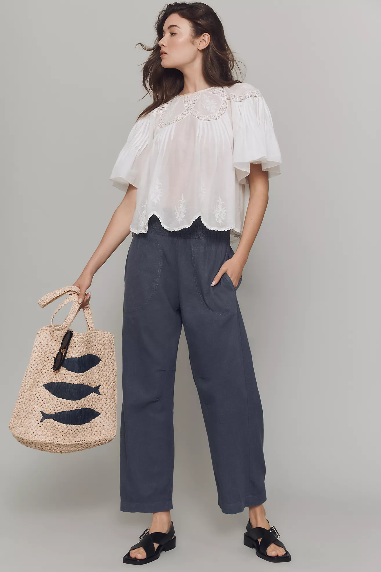 The Reese Linen Blend Smocked Pull-On Barrel Pants by Pilcro | Anthropologie (US)