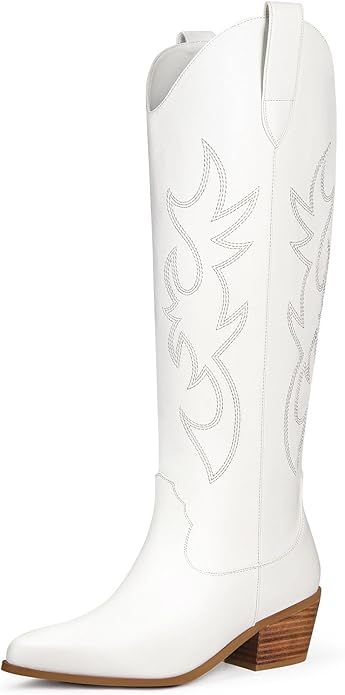 Ouepiano Cowboy Boots for Women Knee High Wide Calf Cowgirl Boots Embroidered Chunky Heels Pointe... | Amazon (US)