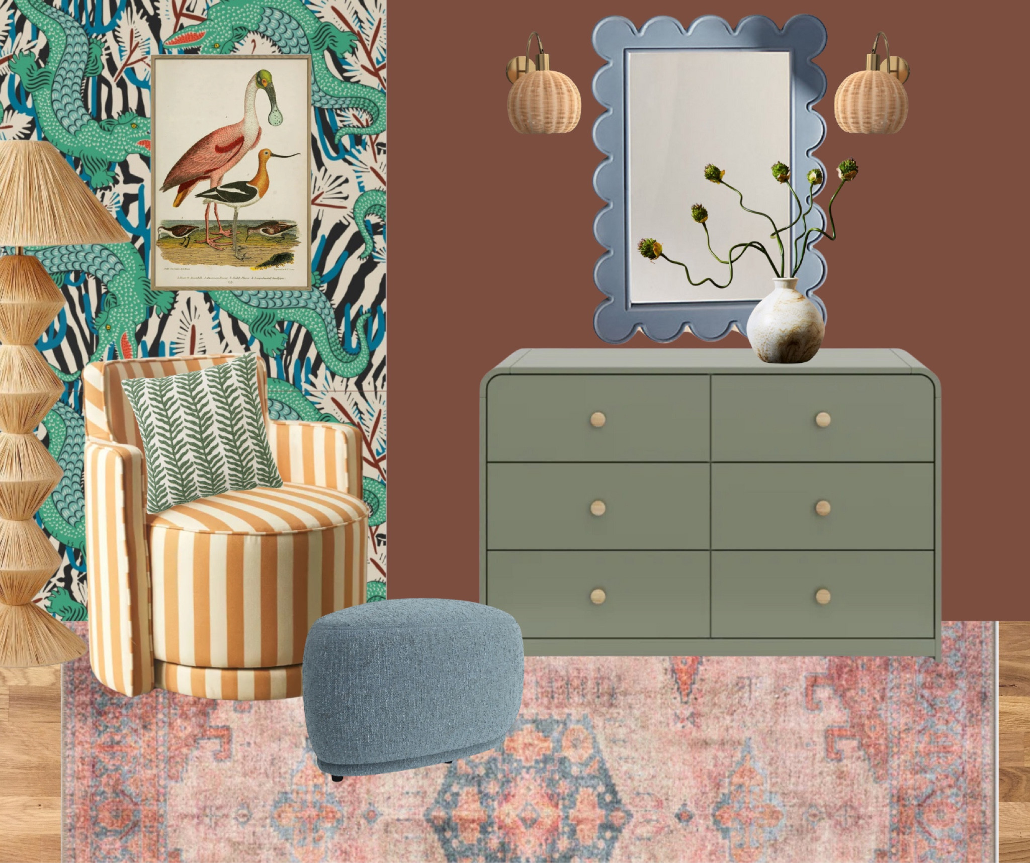 Part two of swamp friends!  

A maximalist low country inspired bedroom design board.  

Green dresser, striped chair, blue ottoman, vintage birds, scallop mirror, rattan light, maximalist wallpaper, colorful, bold, pattern