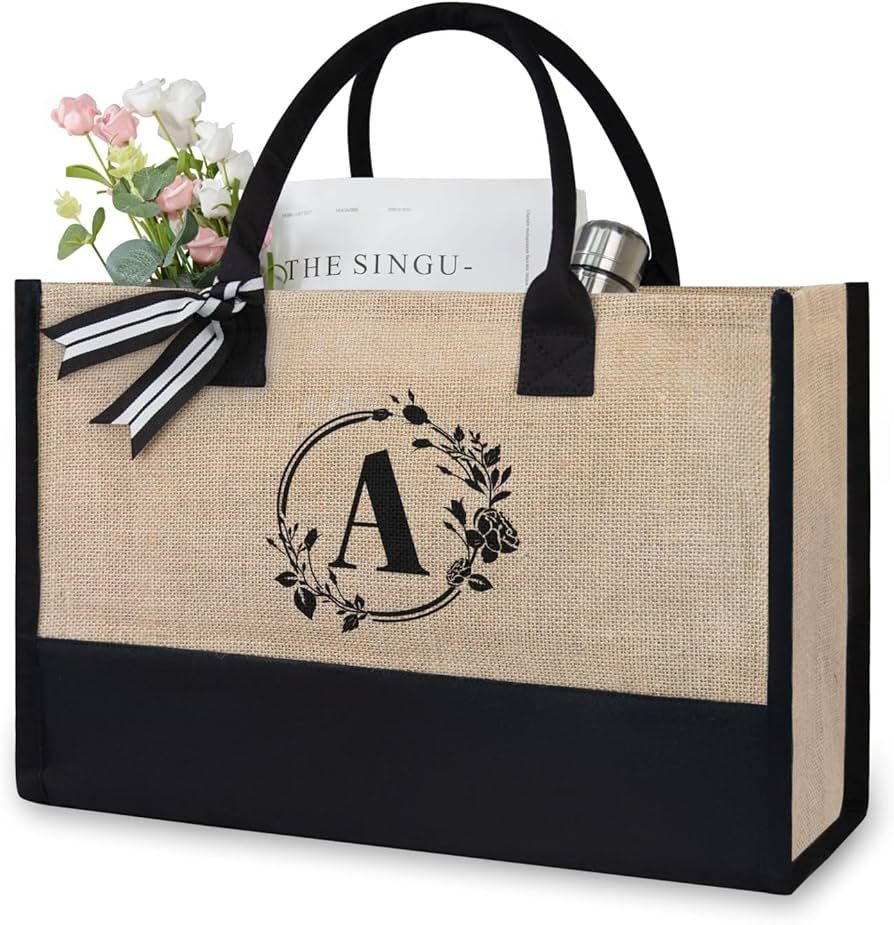 TOPDesign Initial Jute/Canvas Tote Bag, Personalized Present Bag, Suitable for Wedding, Birthday,... | Amazon (US)
