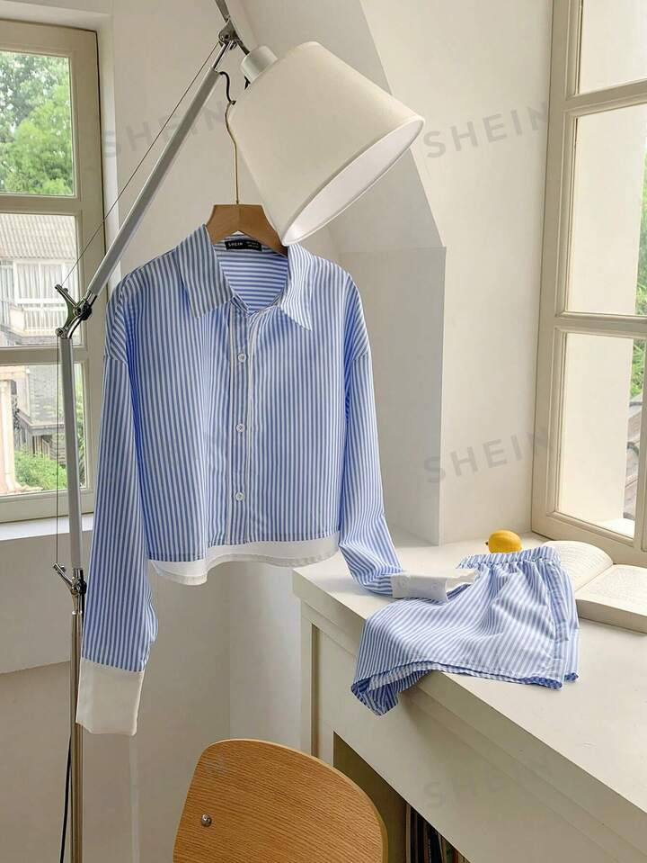 SHEIN Comfortcana Women's Striped Floral Printed Long Sleeve Shirt And Shorts Set, 2pcs | SHEIN U... | SHEIN