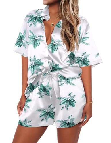 Ekouaer Satin Pajama Set for Women Short Sleeve Lounge Set 2 Piece Pjs Button Up Top with Drawstring Shorts Sleeping Set,White with Leaves,M | Amazon (US)