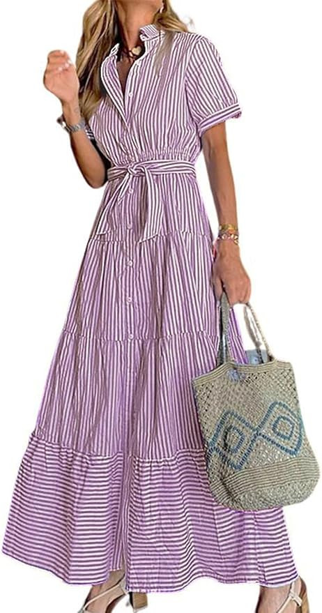 utcoco Womens Casual Short Sleeve Button Down Tie Waist Ruffled Striped Maxi Shirt Dress | Amazon (US)