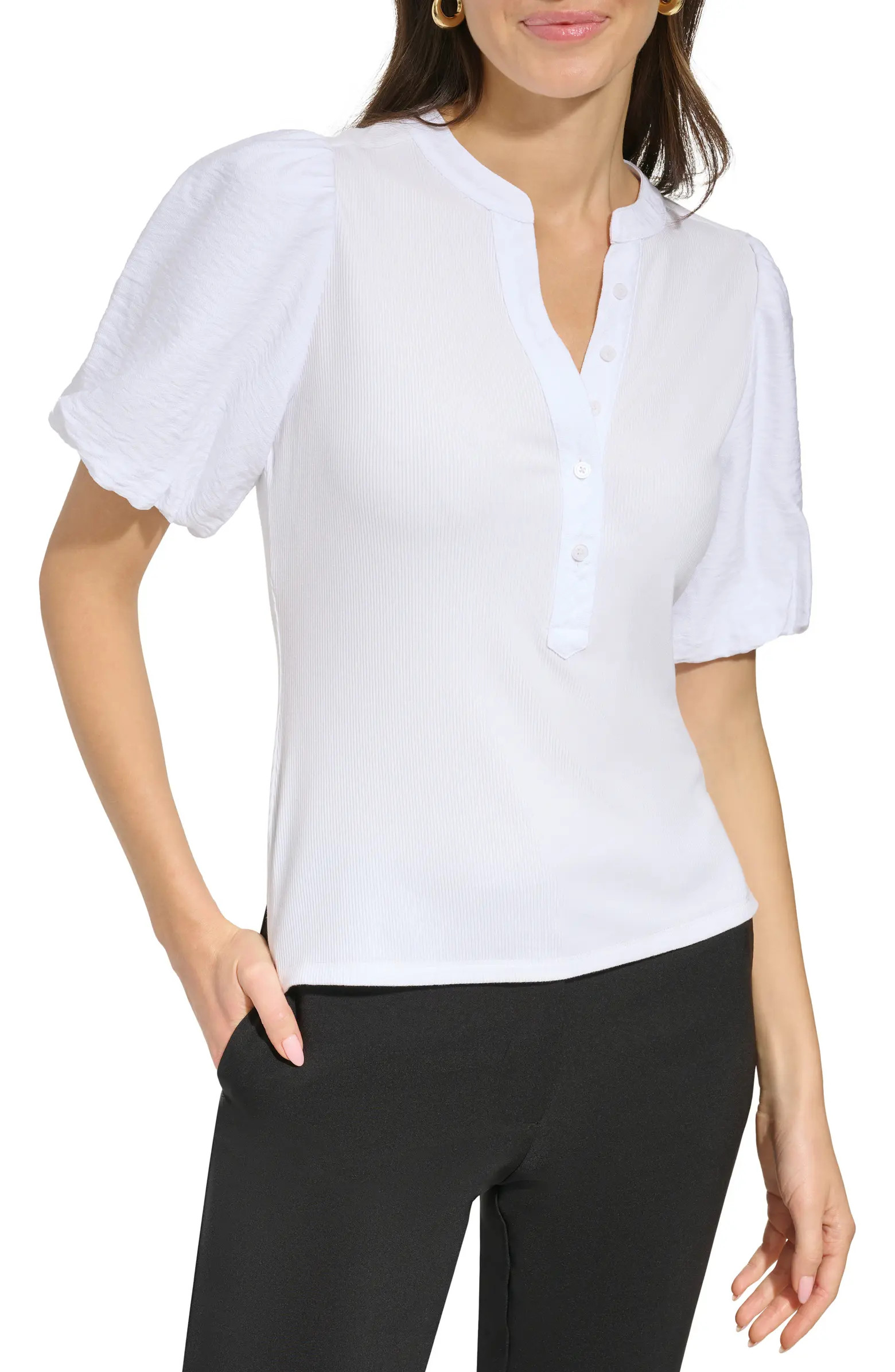 Puff Sleeve Mixed Media Henley Top | Nordstrom