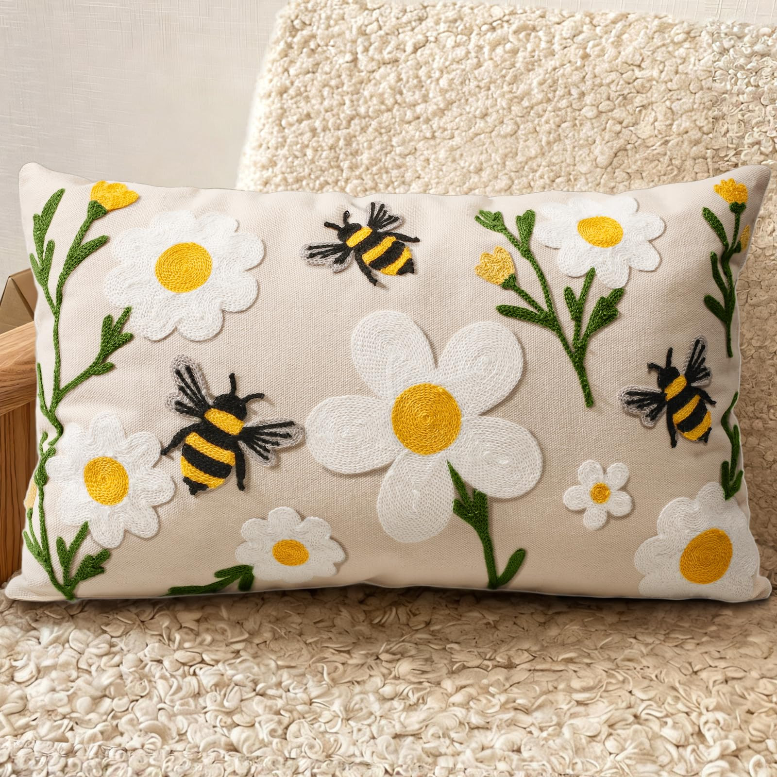 Embroidered Lumbar Pillow Cover 20x12 Inch - Spring Summer Boho Decorative Pillow Cover with Zipp... | Amazon (US)