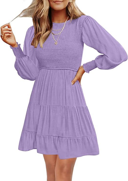 MEROKEETY Women's 2023 Casual Long Sleeve Smocked Crew Neck Elastic Waist Flowy Tiered Mini Dress | Amazon (US)