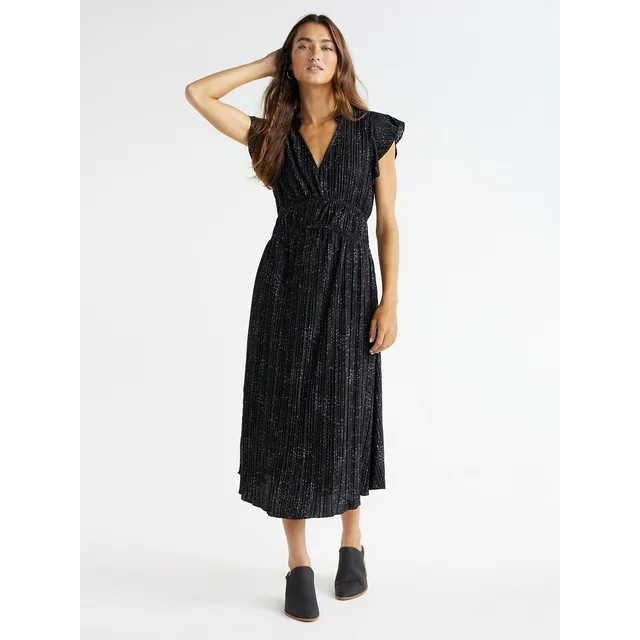 Time and Tru Women's Plisse Midi Dress with Flutter Sleeves, Sizes XS–XXXL | Walmart (US)