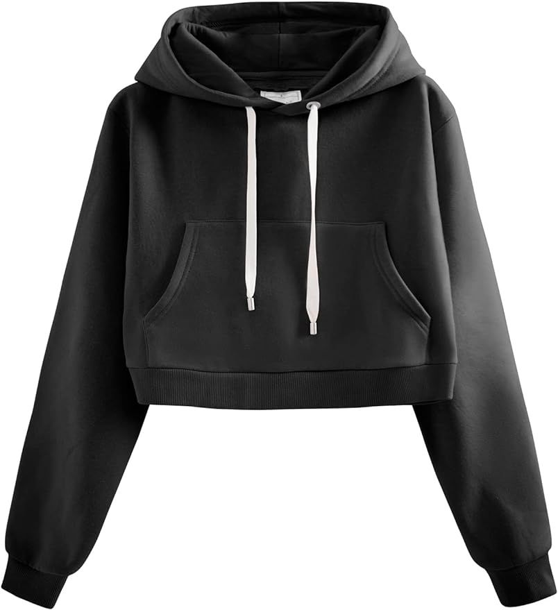 DOUBLJU Casual Crop Hoodies Long Sleeve Pullover Drawstring Hooded Sweatshirts Basic Cropped Tops... | Amazon (US)