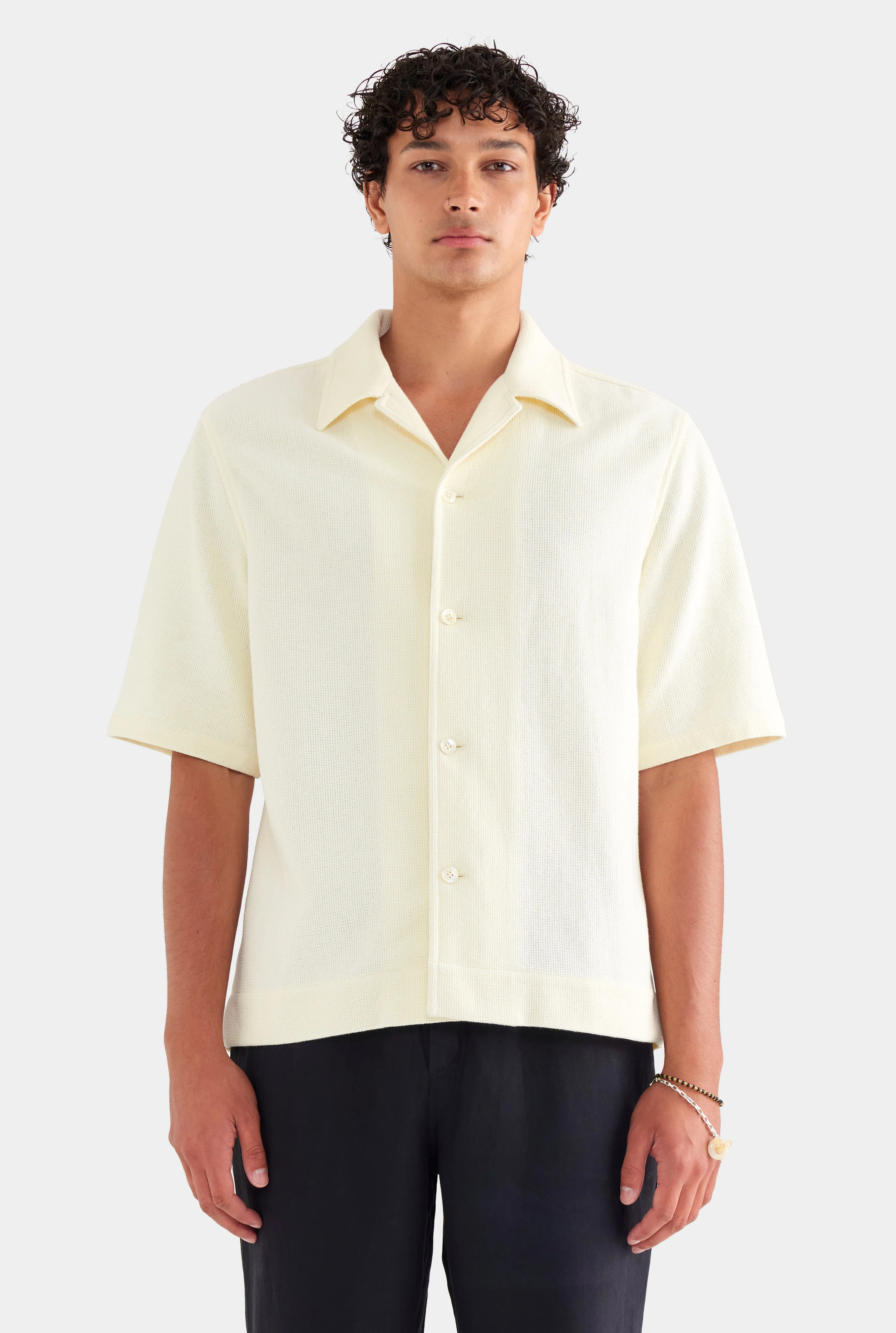 Mens Textured Boxy Cotton Shirt in Cream | Venroy | Venroy AU
