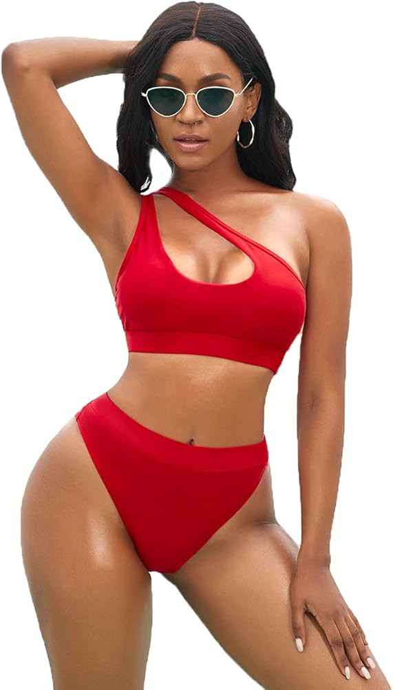 BEVITA High Waisted Bikini One Shoulder Push Up Sporty Swimsuit for Women Cutout High Cut Bathing... | Amazon (US)