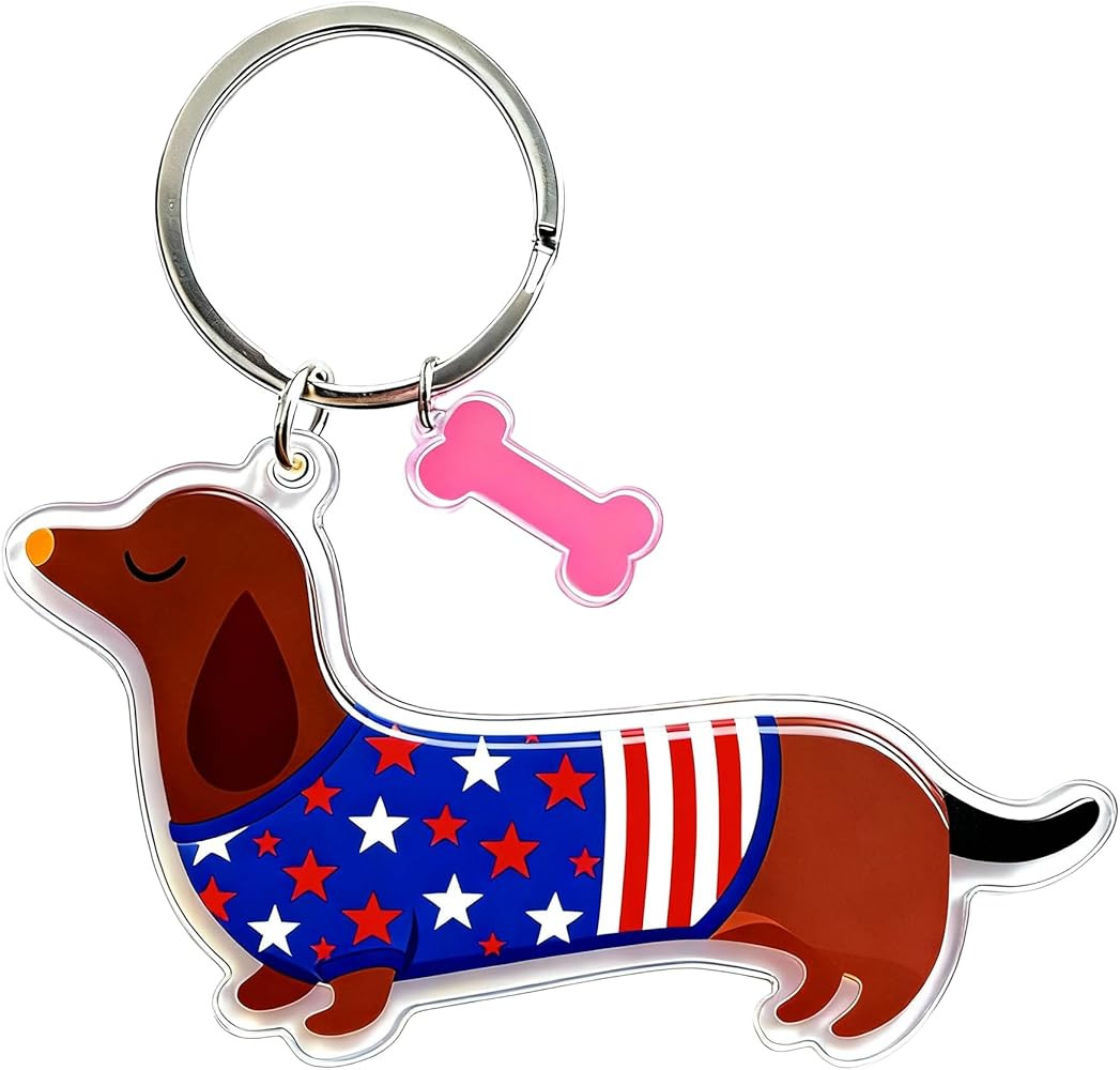 Dachshund Keychain with Patriotic Stars and Stripes Design, Acrylic Dog Charm with Pink Bone Pend... | Amazon (US)