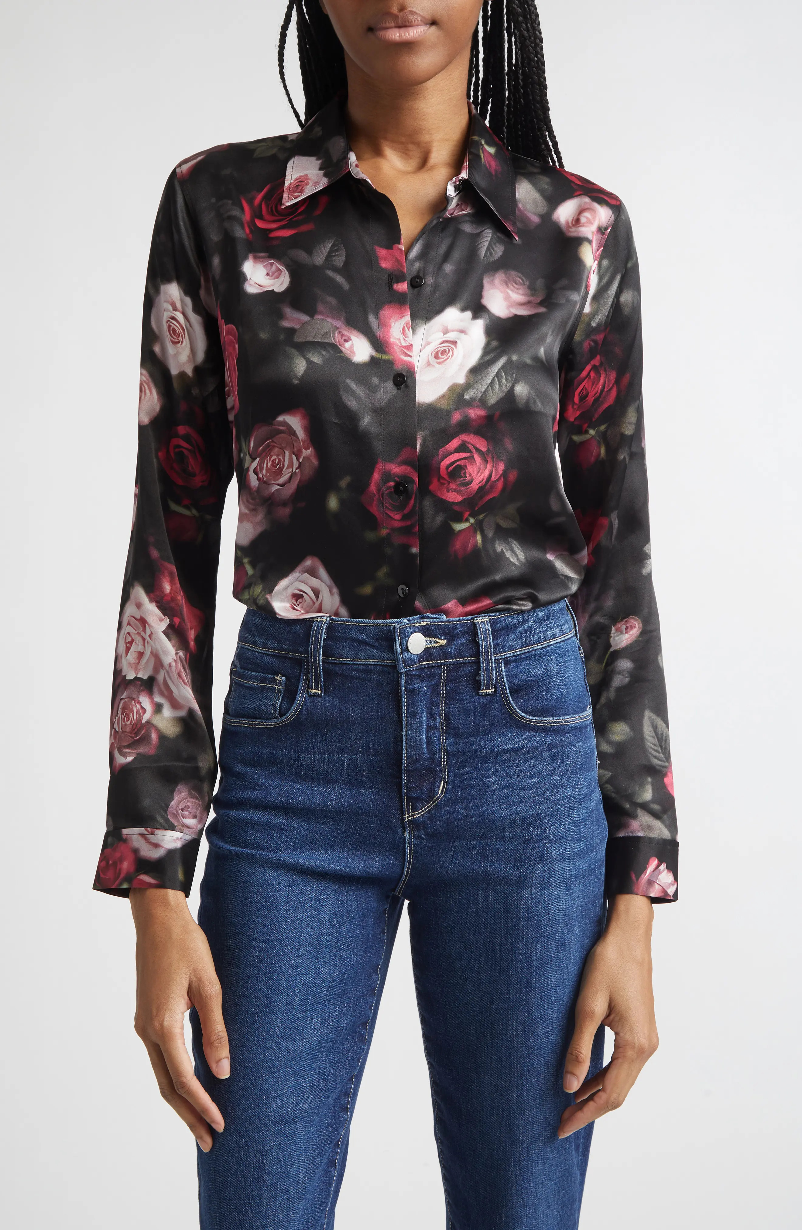 L'AGENCE Tyler Silk Button-Up Shirt in Black Rhododendron Blurred Ros at Nordstrom, Size Xx-Large | Nordstrom