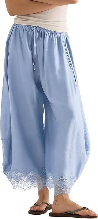 PUWEI Women's Cropped Lace-Hem Pants High Waisted Drawstring Wide Leg Pants Casual Lightweight Tr... | Amazon (US)