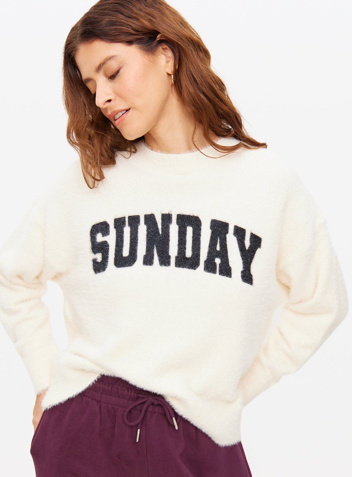 Cream Sunday Slogan Eyelash Knit Jumper | Tu Clothing
