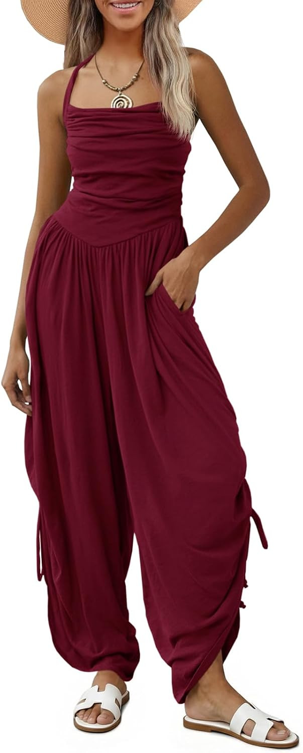 Fisoew Womens Casual Jumpsuits Summer Halter Straps Sleeveless Overalls Ruched Barrel Wide Leg Side-Cinch Long Pant Rompers | Amazon (US)