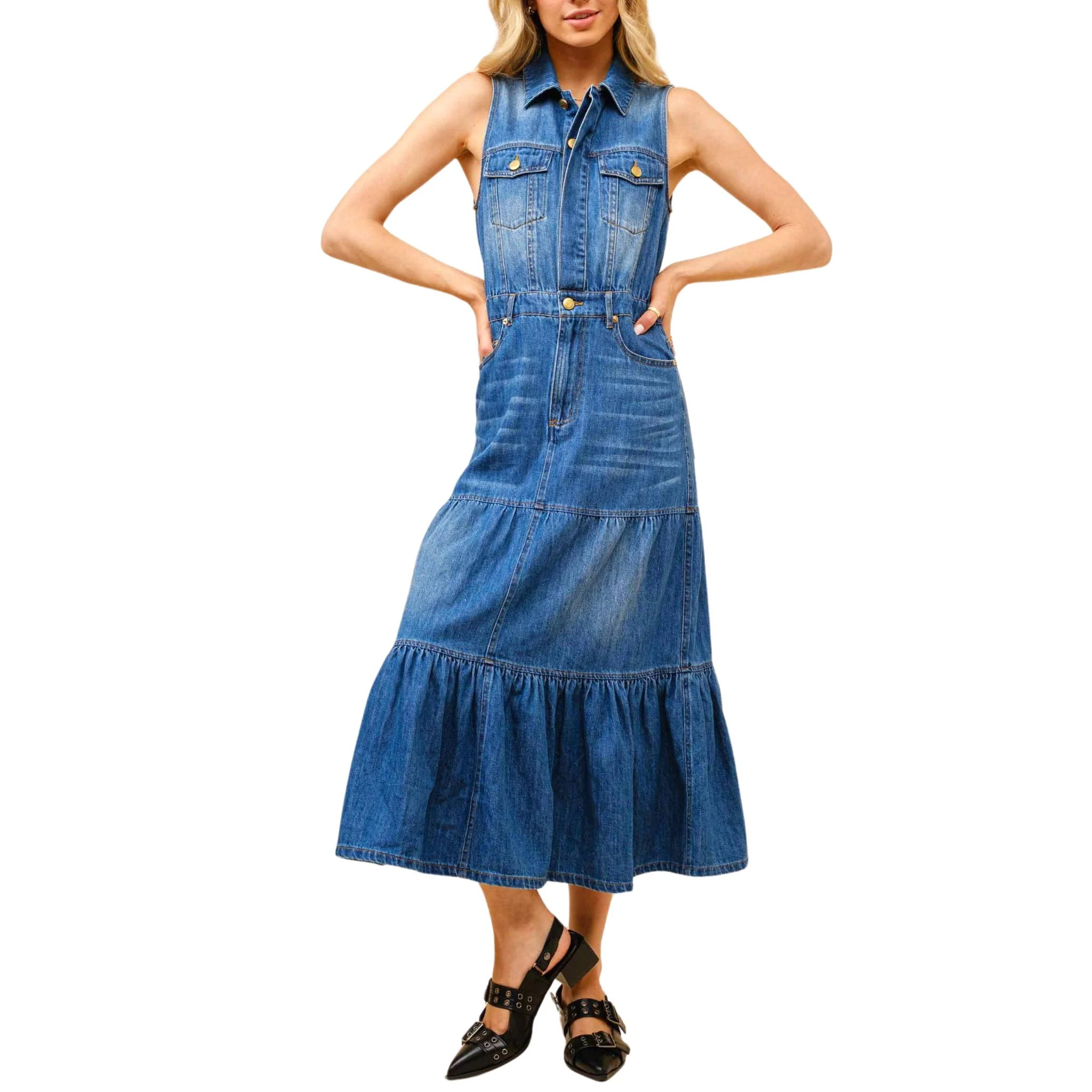 Sleeveless Button Up Tiered Denim Maxi Dress | Christina Greene 